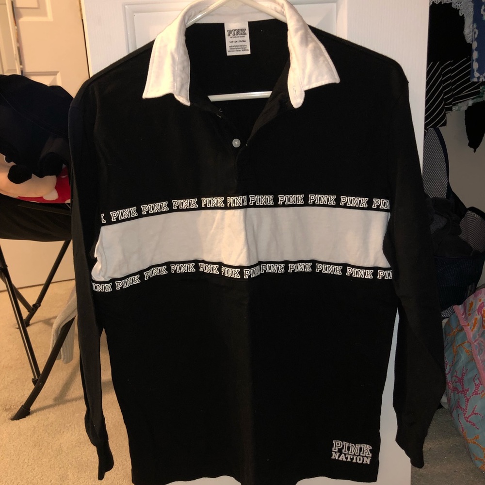 PINK Victoria Secret black longsleeve rugby shirt